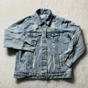 Highway Womens Light Blue Distressed Y2K Skater Denim Trucker Jacket Size Small